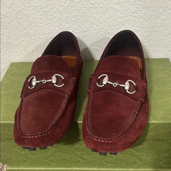 Gucci Men's Burgundy Suede Horsebit Loafers - Picture 1 of 4